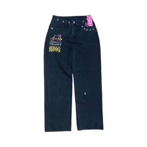 SHEIN x Hello Kitty Collab Black Straight Leg Jeans with Colorful Accents SZ L